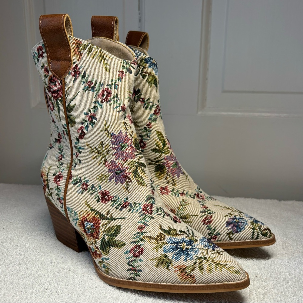 Altar'd State Floral Embroidered Western Ankle Boots Tapestry Cowboy Booties - Picture 2 of 10